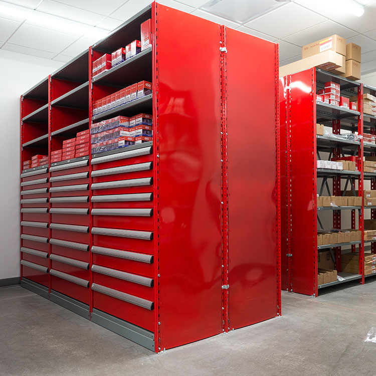 red shelving modular drawers for car parts or automotive
