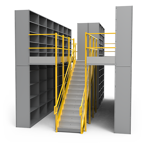 Interlok multi tier shelving render with staircase and deck over