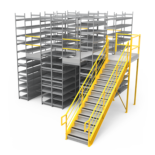 E series widespan multi tier shelving render with staircase and deck over