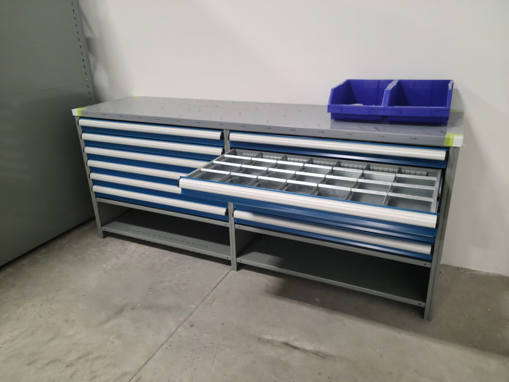 factory counter top shelving with modular drawers