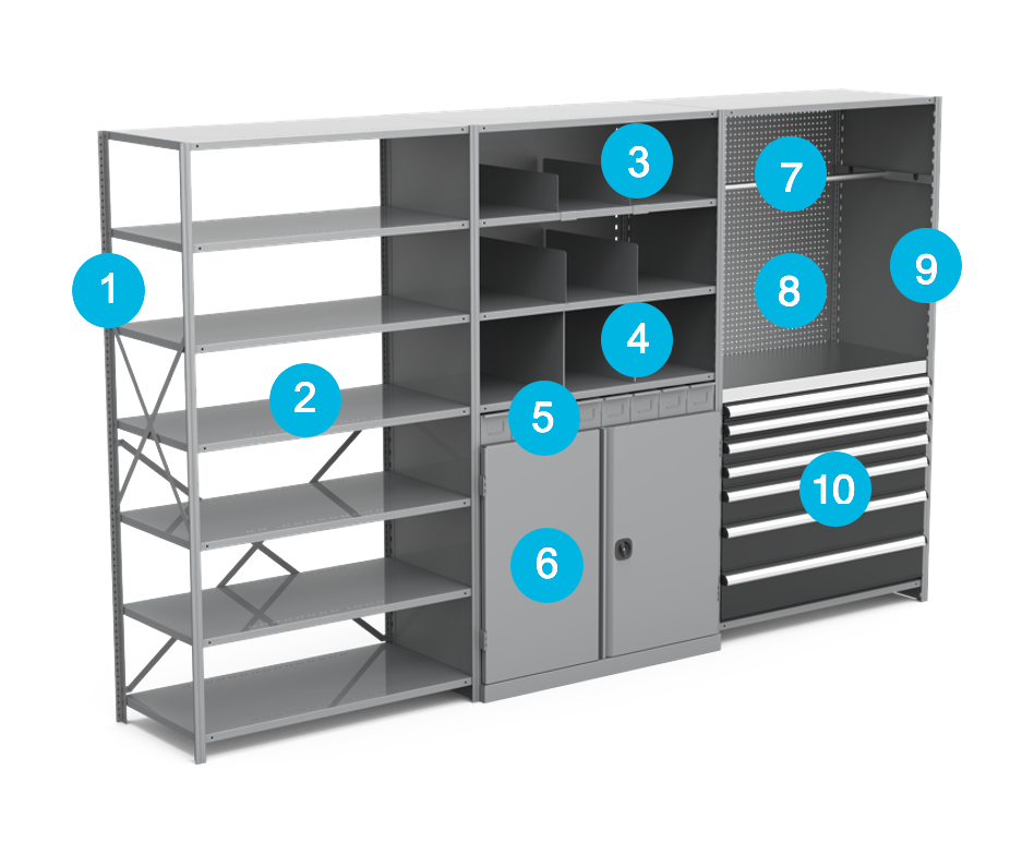 complete shelving system and accessories