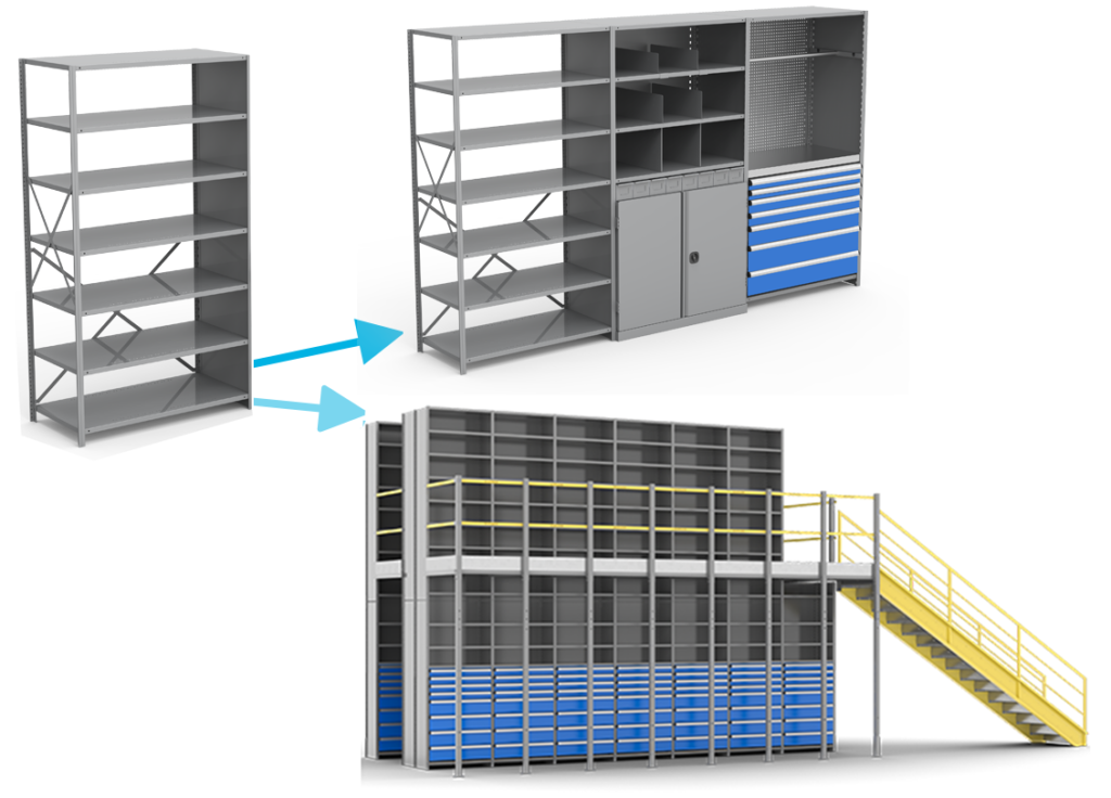 single bay of shelving combining to make multi-level mezzanine